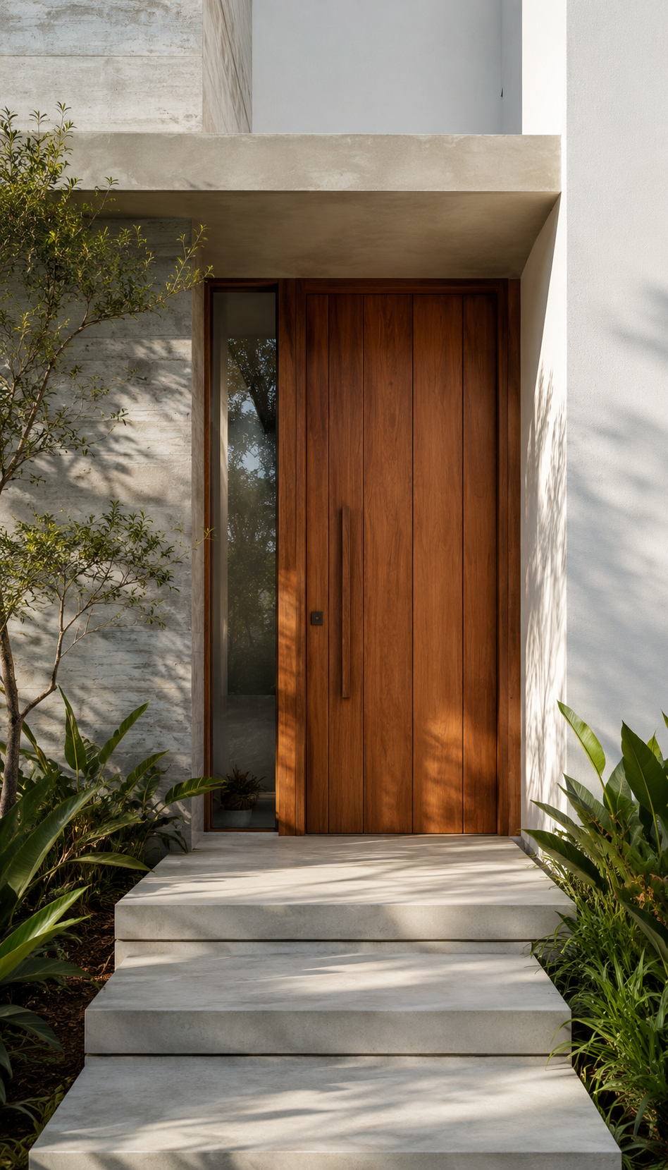 Porta externa de madeira maciça com verniz natural em entrada de casa.