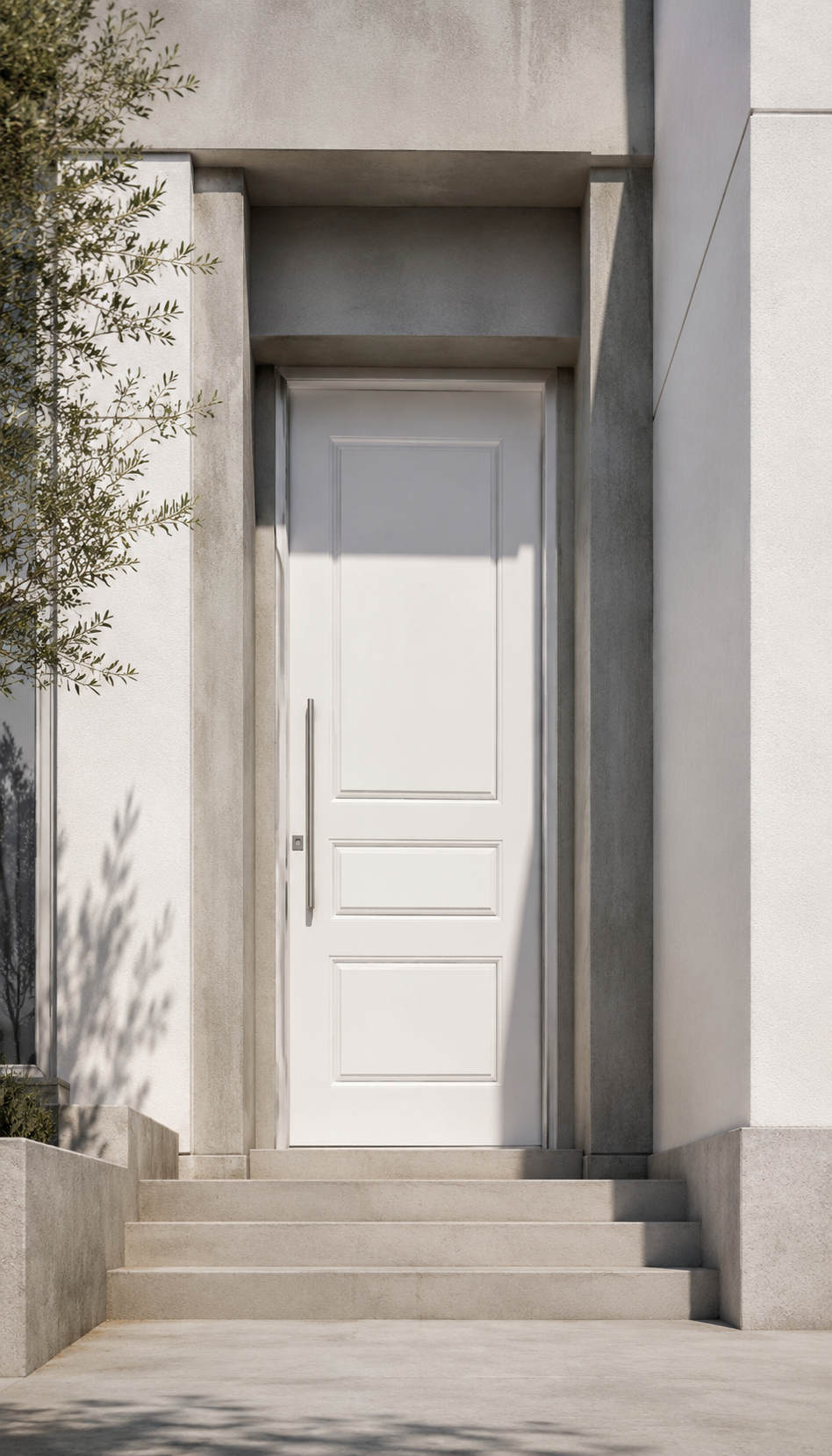 Porta externa laqueada branca com almofadas em fachada clara.